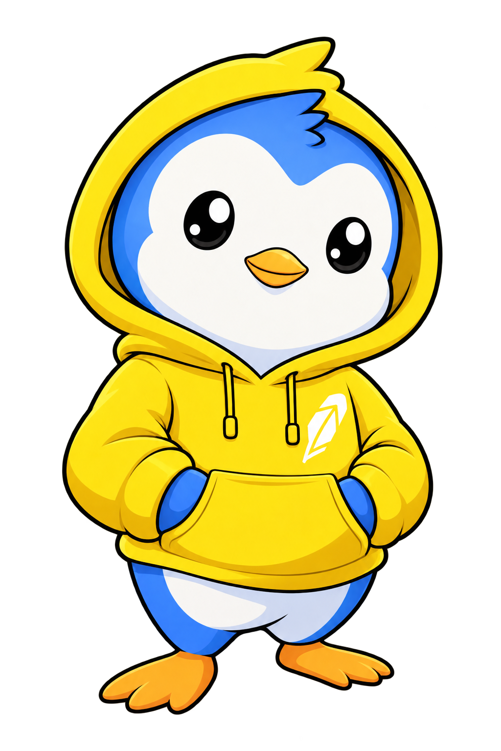 PENG mascot standing with hands in hoodie pocket