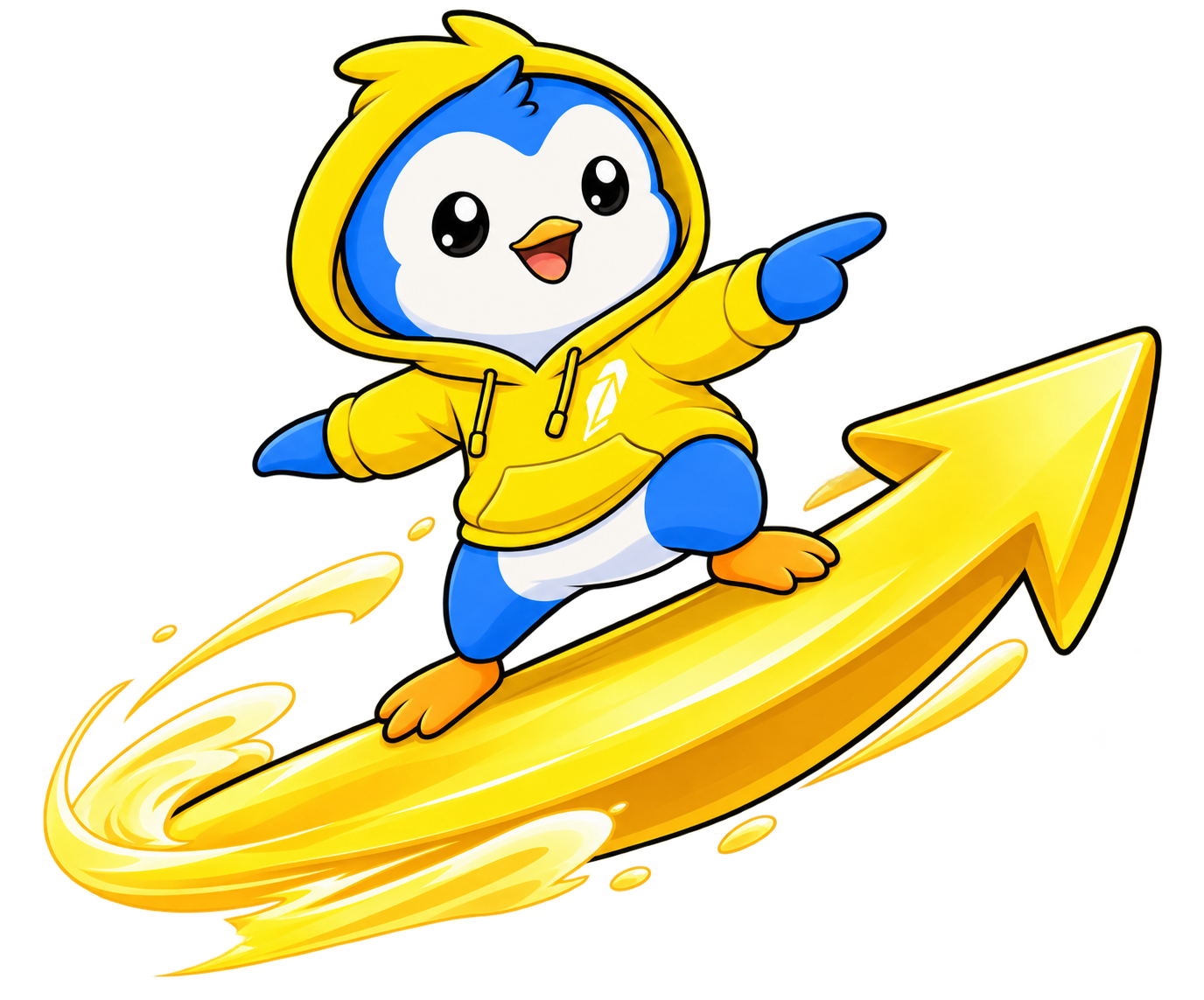 PENG the penguin surfing a golden arrow to the moon